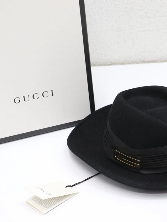 Gucci Women\' Fedora Hat Large Size S Black Felt Gold G Logo Wide Brim Pleated main image 4